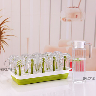Household Glass Water Cup Set 6 Pack Tea Cup suit with Cup Holder Kettle Flower Tea Cup Beer Cup Lime