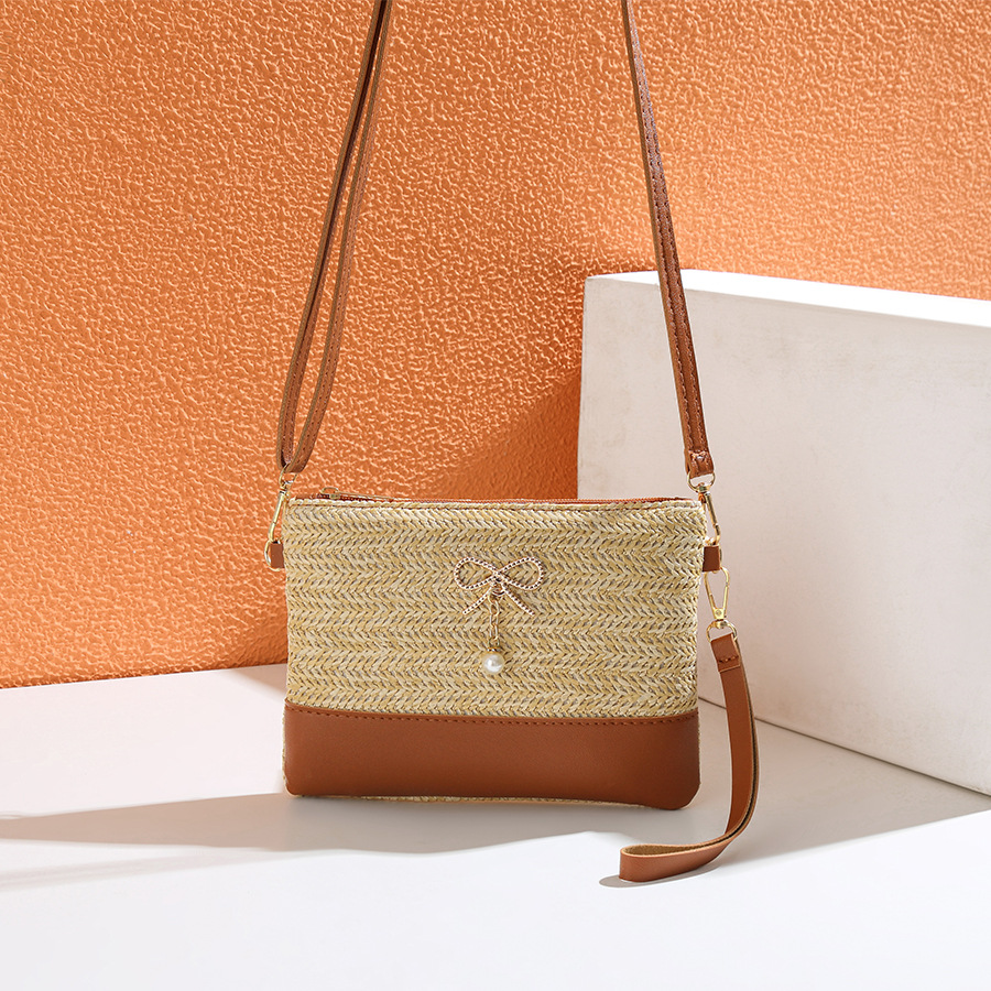 117g Weight Polyester Lining Material Women's Small Straw Color Block Bow Knot Vacation Square Zipper Crossbody Bag