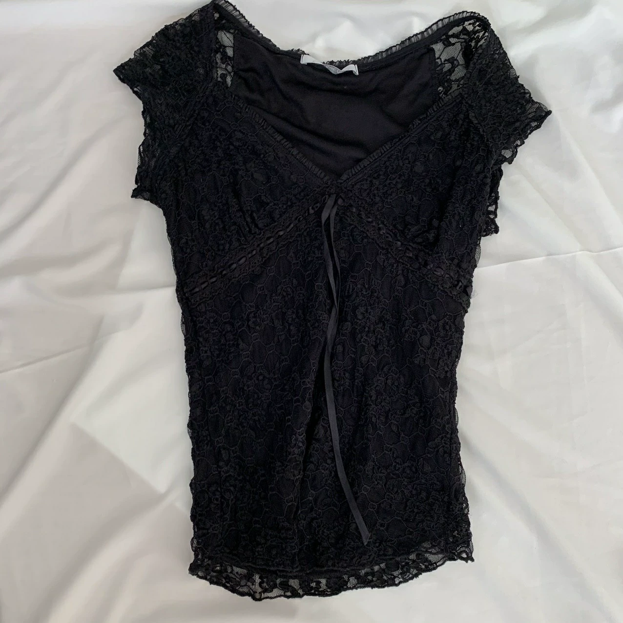 Lace V-neck Short Sleeve Top (Women), Double-Layer Slim Pullover, Solid Black