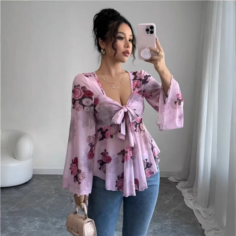 2025 Cross-Border European and American Amazon New Design French-Style Sweet Floral Tie-Dye Square-Neck Long-Sleeve Shirt 2025 Cross-Border European and American Amazon New Design French-Style Sweet Floral Tie-Dye Square-Neck Long-Sleeve Shirt