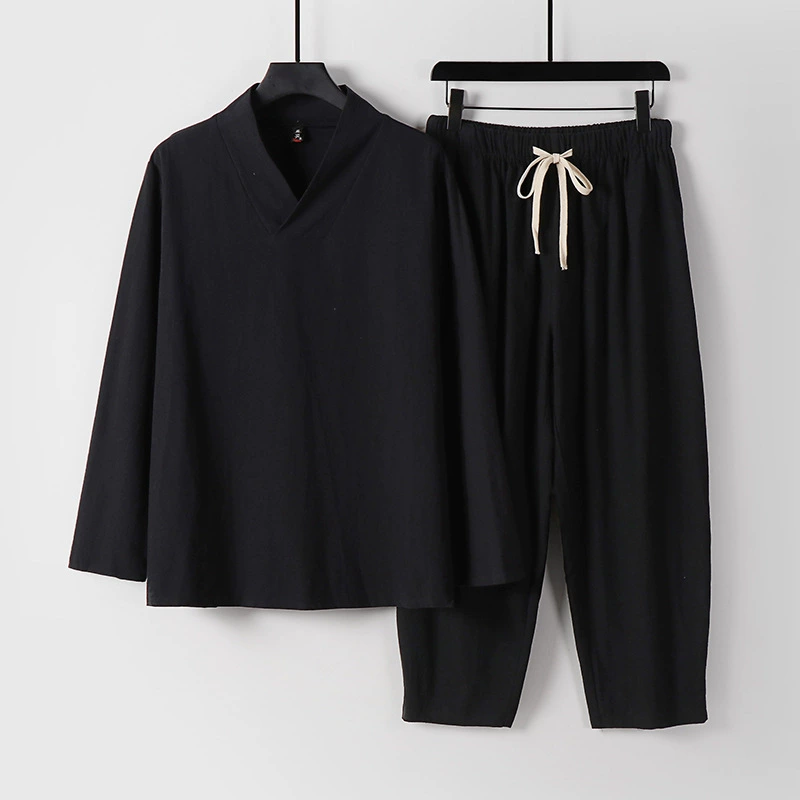 Мужской костюм из хлопка и льна с длинными рукавами в китайском стиле, повседневные укороченные брюки в китайском стиле, мужской чайный костюм из двух предметов в стиле ретро для медитации.