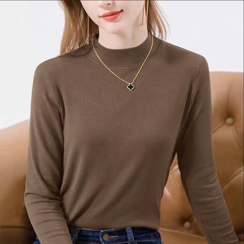 Women's Two-Sided Fleece Half-Neck T-Shirt, Plain Color, Casual Korean Version, Warm and Fashionable Long-Sleeve T-Shirt for Autumn and Winter