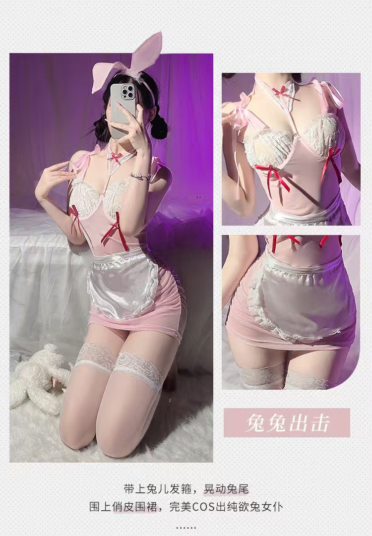 Bunny Girl Maid Costume Set with Apron and Stockings, Polyester, One Size — detail image 4