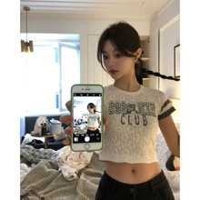 现 2025夏季新款韩国设计师seooo*ookie辣妹风字母印花蕾丝短袖