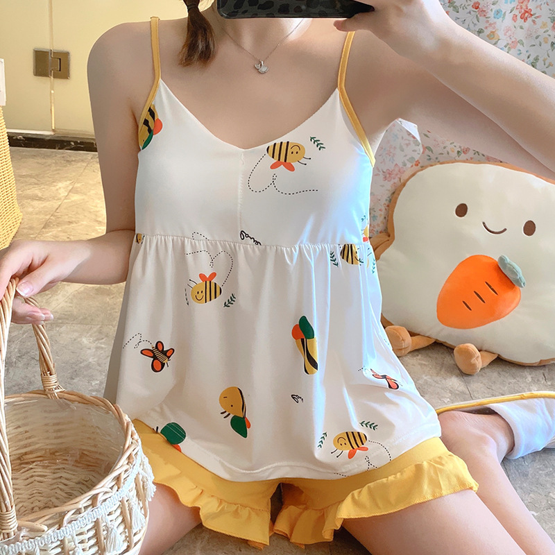 2025吊带睡衣女牛奶丝卡通性感印花休闲家居服套装带胸垫多款可选