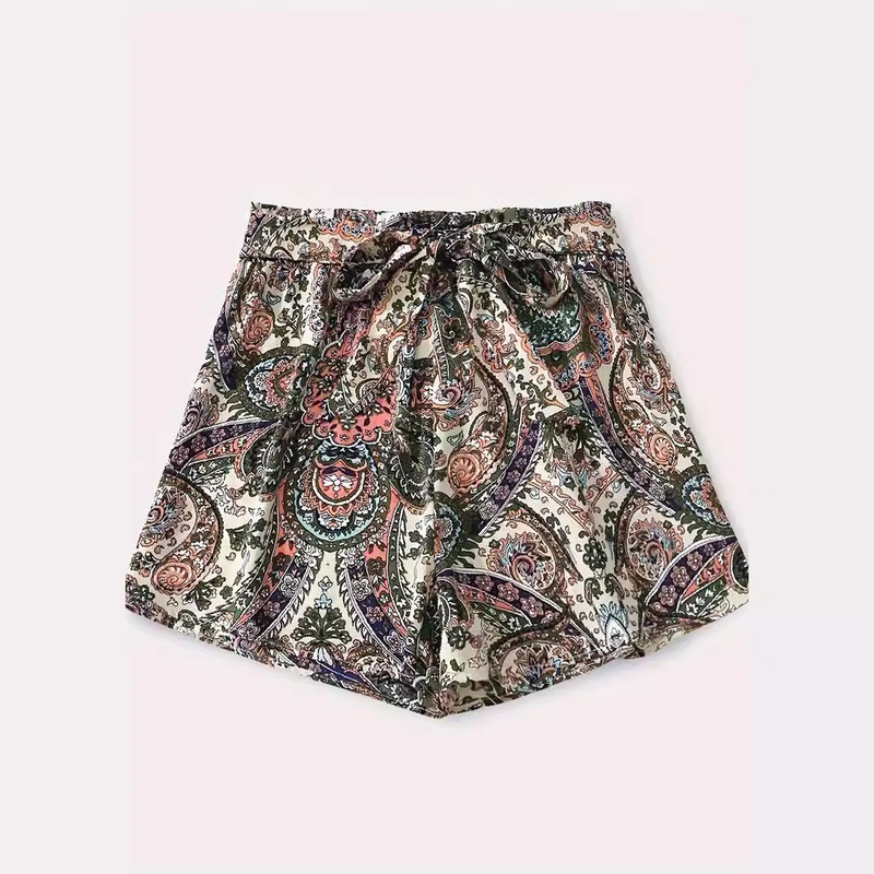 in stock 2024 Amazon TEMU Paisley Print Wide Leg Shorts Casual Elastic Waist Belt Shorts
