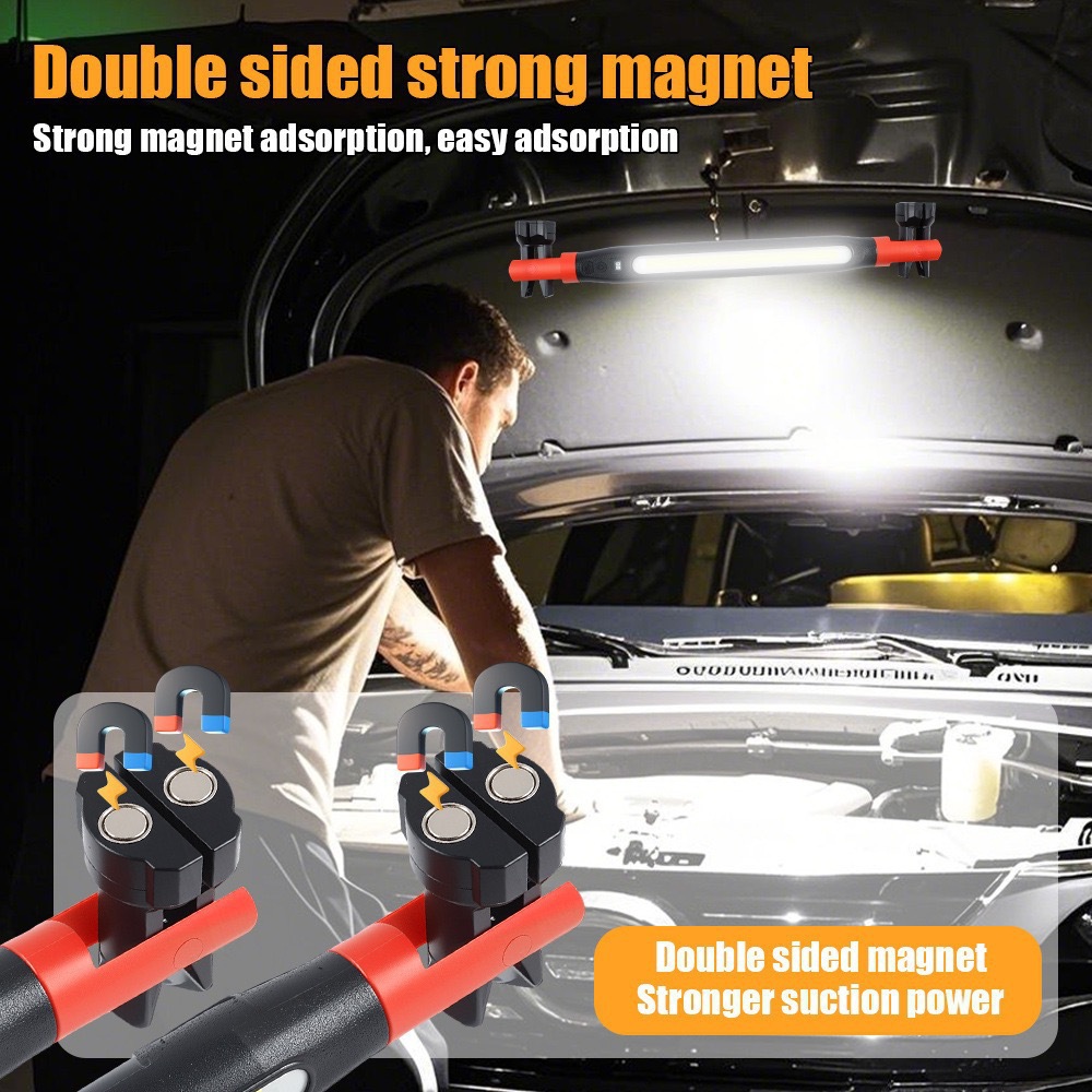 Cross-border new magnetic COB work light, USB rechargeable, with digital display, multi-functional magnetic hook, and long strip design, suitable for automotive repair