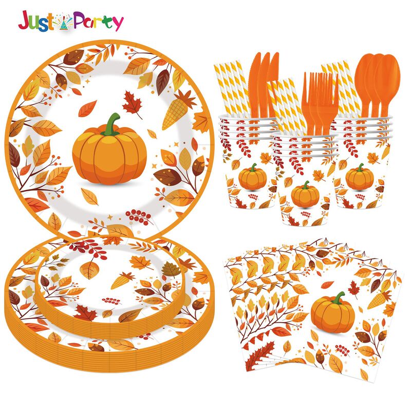 Autumn Pumpkin Maple Leaf Disposable Paper Cups, Paper Plates, Paper Towels, Thanksgiving Birthday Party Themed Decorative Tableware Supplies
