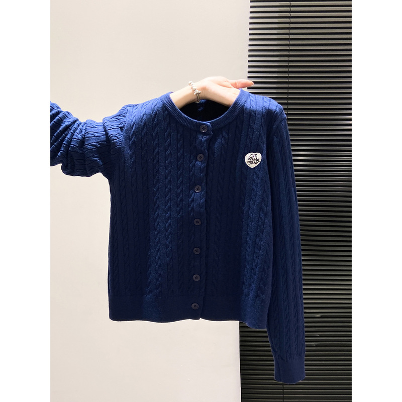 Retro Navy Blue Twist Knitted Cardigan Jacket for Women in Spring and Autum Niche Heart Embroidered Single-Breasted Sweater Top