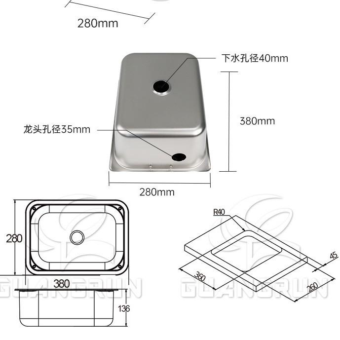 Fregadero de Acero Inoxidable 380*280*136mm GR-566B de Acero Inoxidable con Tapa para Casa Rodante y Yate