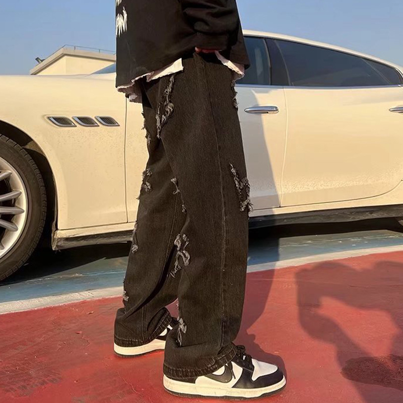 Primavera High Street American hip hop jeans hombres moda marca parche Pantalones rectos calle más tamaño ancho pierna fregona pantalones largos