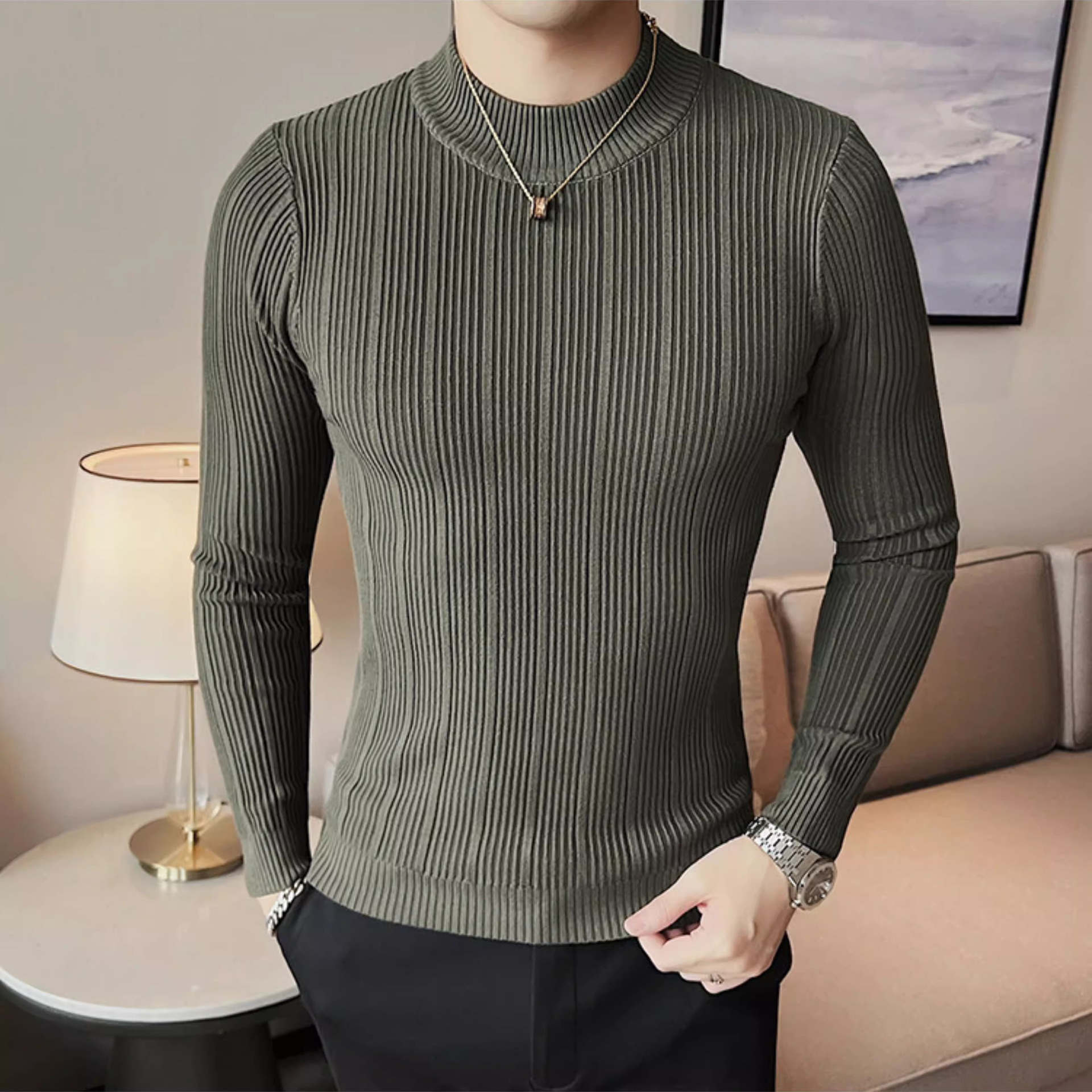 Camiseta de punto de cuello de media altura camiseta de manga larga hombre viejo dinero estilo de negocios delgado color sólido en primavera y otoño fábrica transfronteriza al por mayor