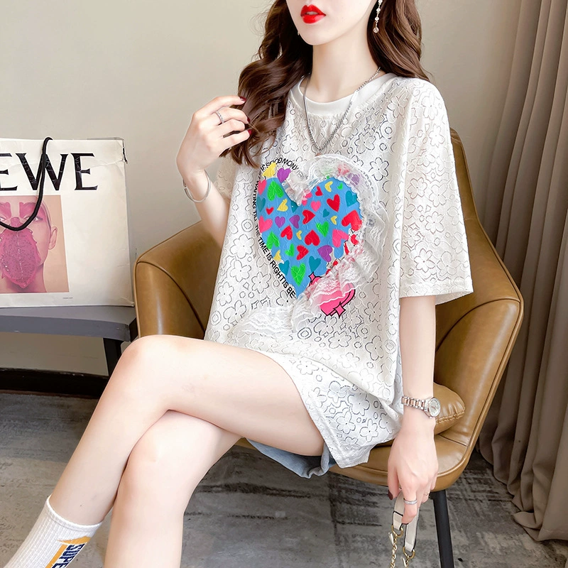 Fahua + V15382908072 футболка с короткими рукавами женская летняя корейская сетчатая кружевная футболка с круглым вырезом новый топ больших размеров женская одежда