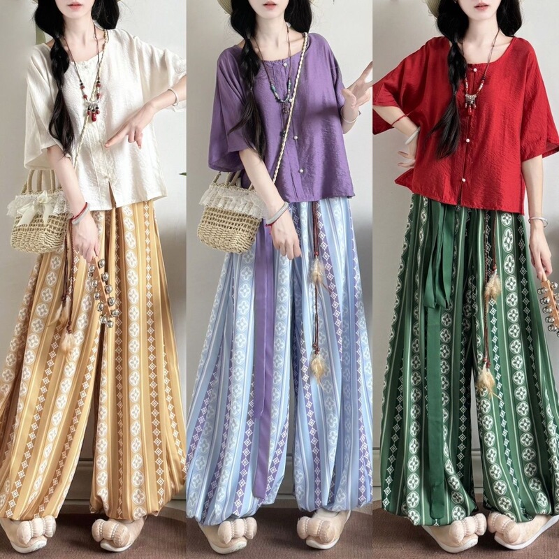 Hanfu-Style Women's Improved Daily Lantern Pants Elastic Waist Round Neck Shirt Chinese Style Set Summer
