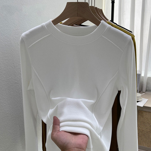 New Autumn/Winter Round-Neck Innerwear Fleece-Lined White Base Shirt for Women — Fashionable, Stylish, Slimming, Long-Sleeved T-Shirt Top