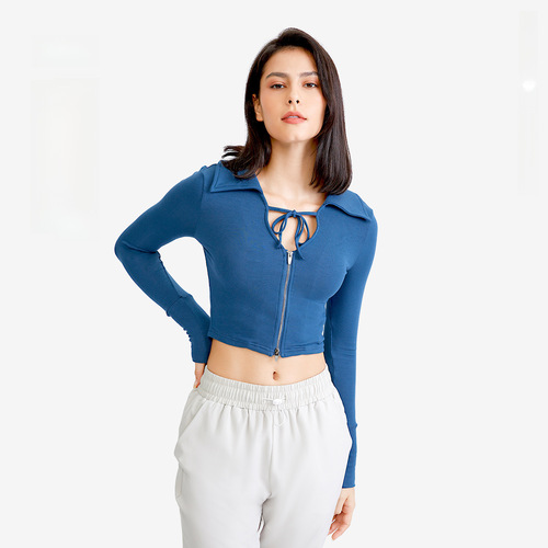 Short sexy navel-baring sports coat for women in autumn zipper slimming running jacket long-sleeved top