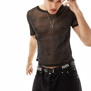 In Stock! Aliexpress Hot Selling New Golden Fine Glitter Niche Sexy Western Style See-Through Mesh Short-Sleeved T-Shirt for Boys