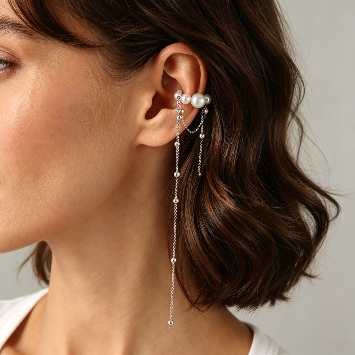 European and American cross-border accessories, versatile faux pearl long tassel ear cuffs, ins-style beaded C-shaped geometric non-pierced ear cuffs