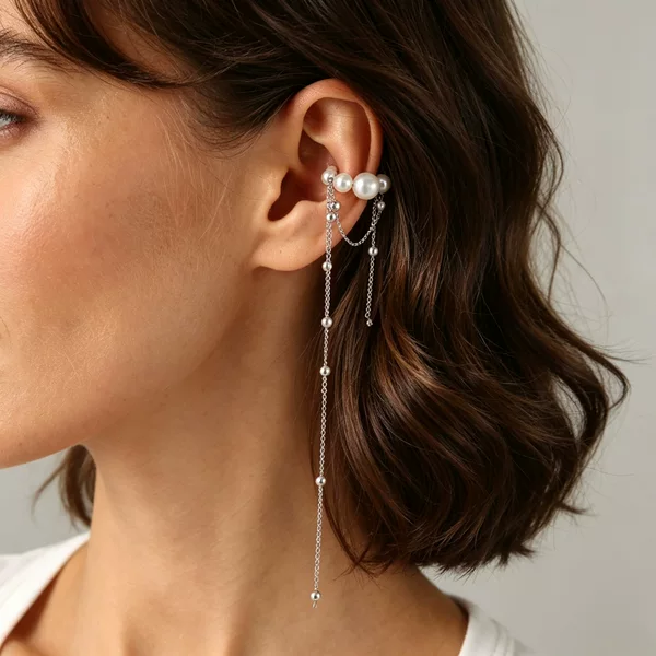European and American cross-border accessories, versatile faux pearl long tassel ear cuffs, ins-style beaded C-shaped geometric non-pierced ear cuffs