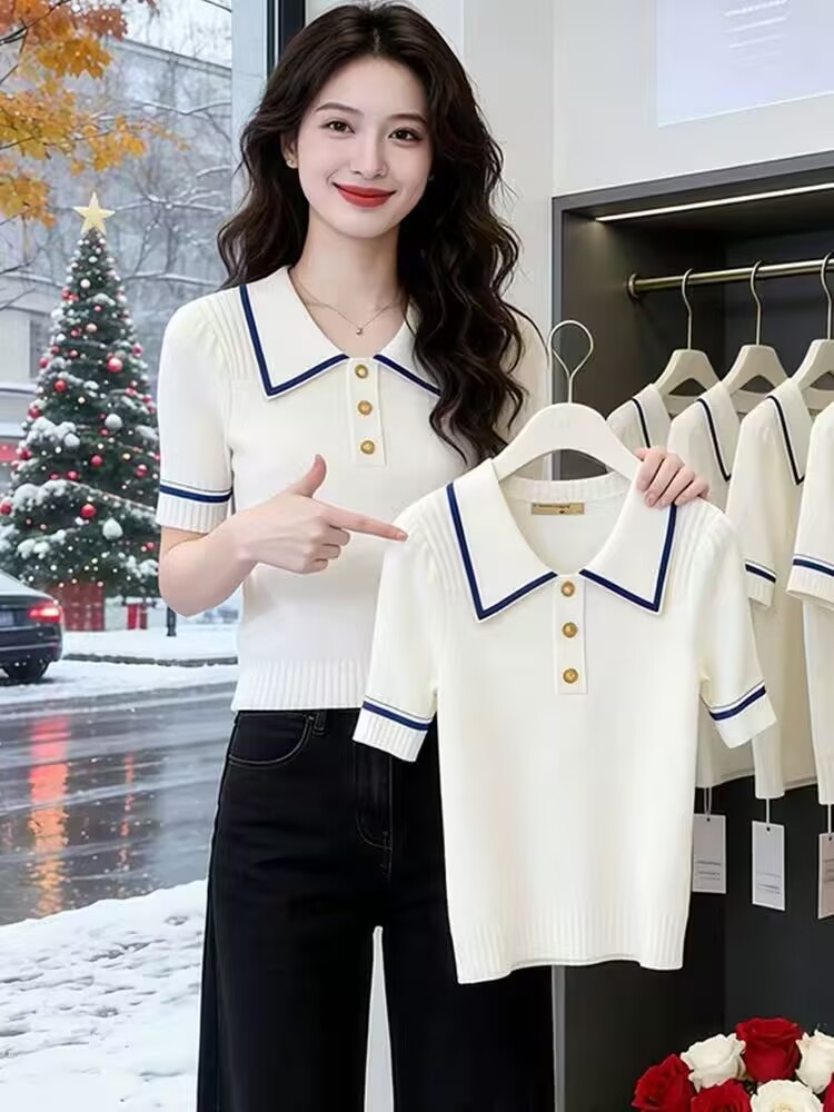 Áo thun nữ polo cổ tay lỡ phối màu chất liệu lụa đan mát mẻ — trắng