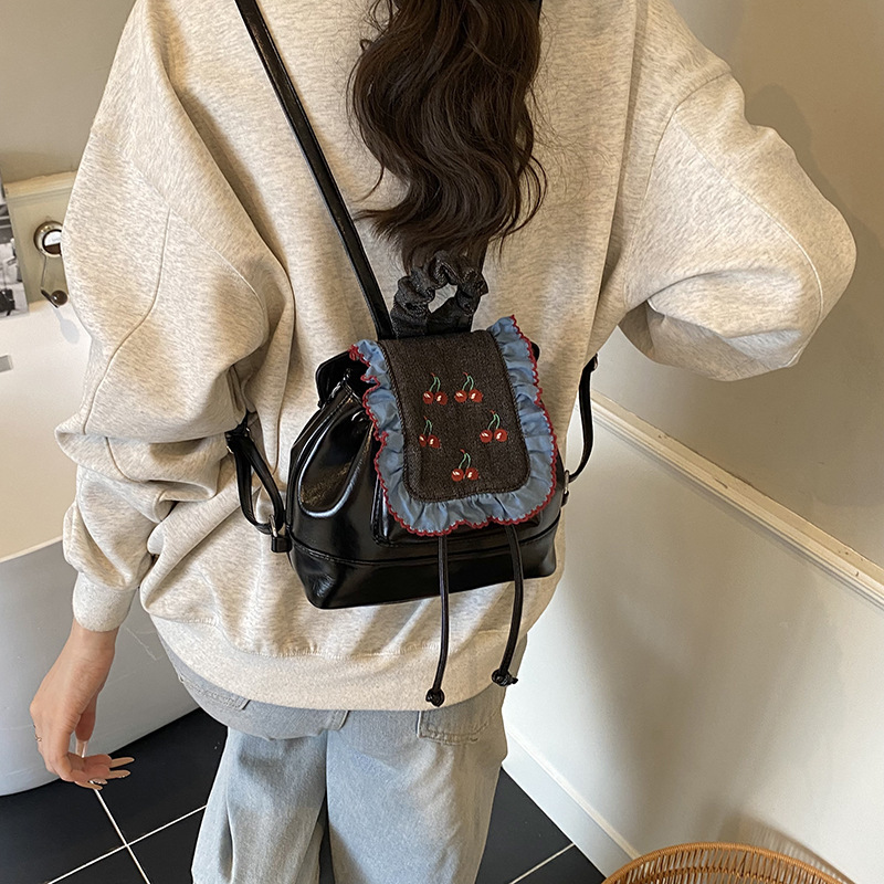 甜酷风男女童小双肩包甜美蕾丝花边手提书包萌趣可爱樱桃儿童背包|undefined