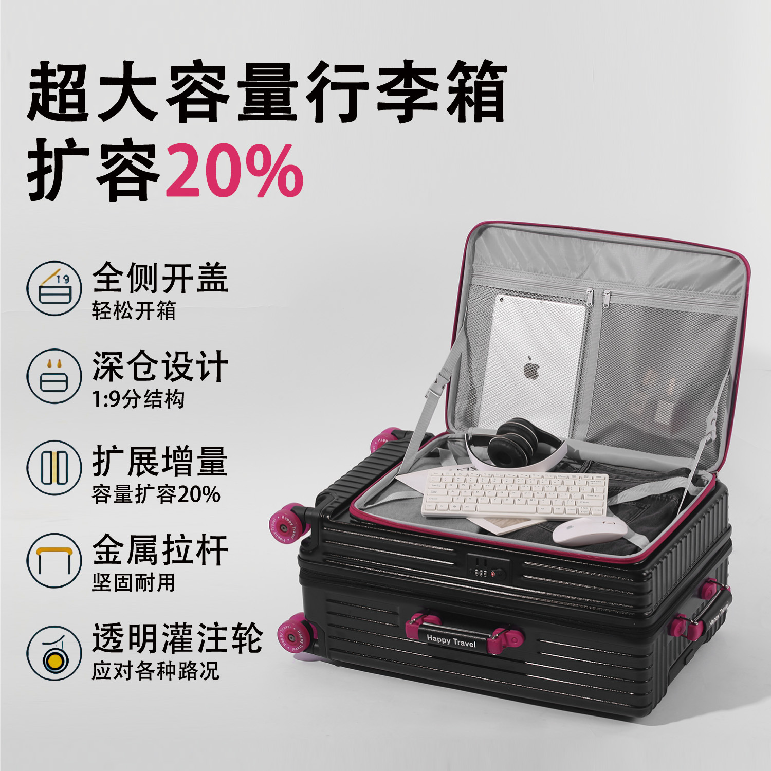 Side-Opening Lid Jelly Wheel Pc Suitcase Expansion Trolley Case 20inch Carry-On Suitcase Large Capacity Suitcase Gift Wholesale