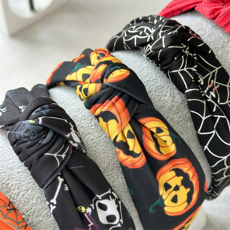 102g Weight Hair Band Hair Accessories Type 1 Piece Quantity Holiday, Festival Occasion Halloween Festival Pumpkin Pattern Women's Gender Handmade Design Classic Style Style Europe And America  New Halloween Headband Skull Pumpkin Fabric Knotted Headband Holiday Party Headdress In Stock 3