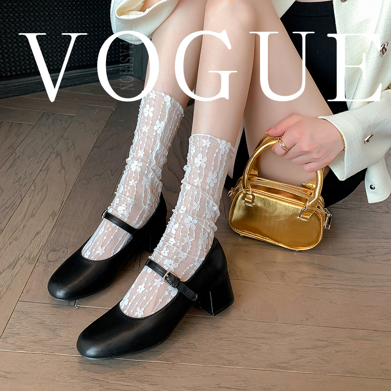 Uva mamá Nuevo estilo coreano elegante hermana ~ punta redonda correa de boca baja de cercanías adelgazante tacón grueso Mary Jane zapatos de una sola capa