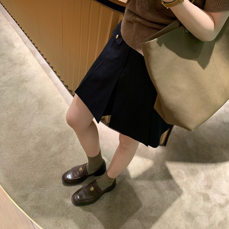 严选网红同款复古金扣山茶花圆头百搭粗跟乐福鞋女一脚蹬小皮鞋女|undefined