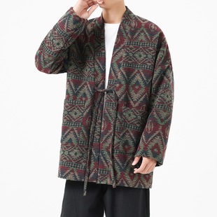 2024 Autumn and Winter New Men's Fashion New Chinese Woolen Vintage Coat Taoist Robe Scrusted Cardigan Jacket Japanese Style