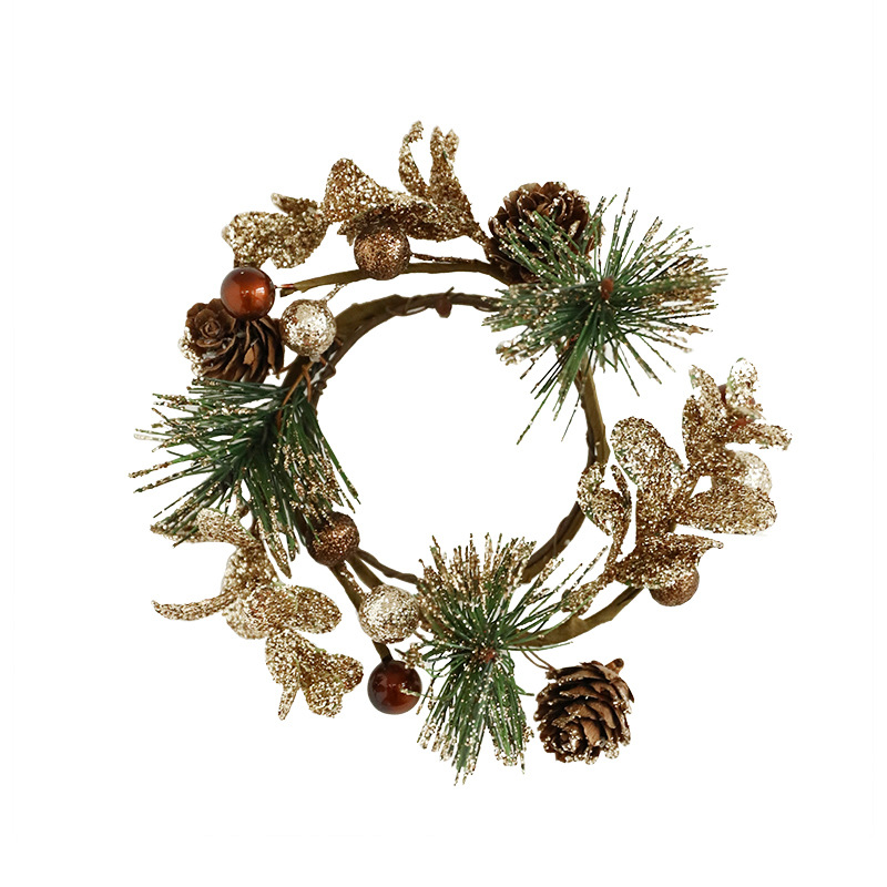 Ambiente de Navidad arreglo Candelabro decoración Garland árbol de Navidad rama ventana decoración de fondo brillante dorado cono de pino