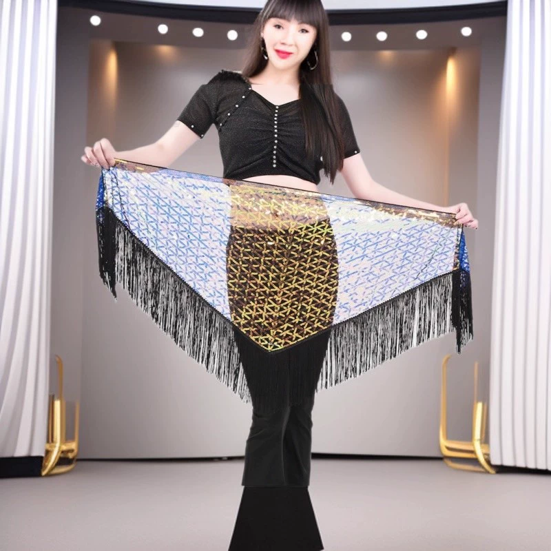 Костюм для выступлений на Хэллоуин, женский костюм для танца живота с пайетками, треугольный платок с бахромой, танцевальный костюм с пайетками