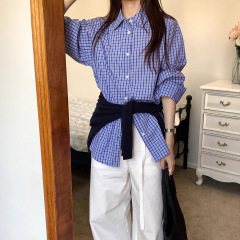 韩版蓝色格子长袖衬衫女秋季2025新款慵懒宽松缪系单排扣衬衣上衣