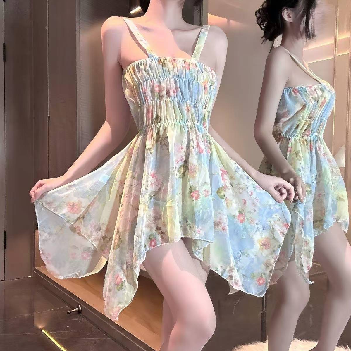 Floral Print Suspender Dress with Bow, French Beach Vacation Style, Summer Women’s Long Dress — detail image 3