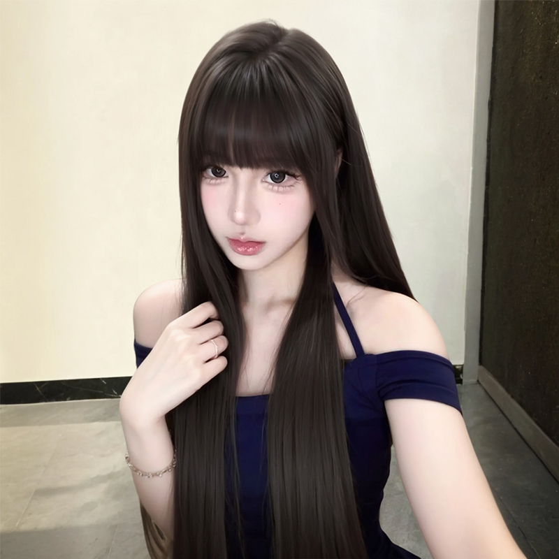 Black Long Straight Wig Full Head Cover for Women with Bangs Fluffy Natural Daily Black Full Head Cover Fuchi Manga Wig Cover