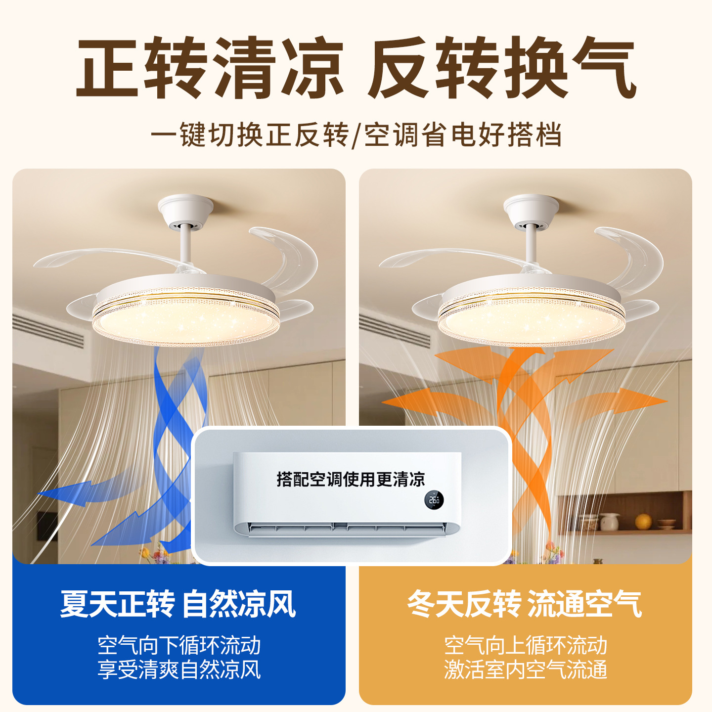 Lámpara de Ventilador de Techo Integrada L696 de Hierro y PVC para Sala de Estar y Comedor