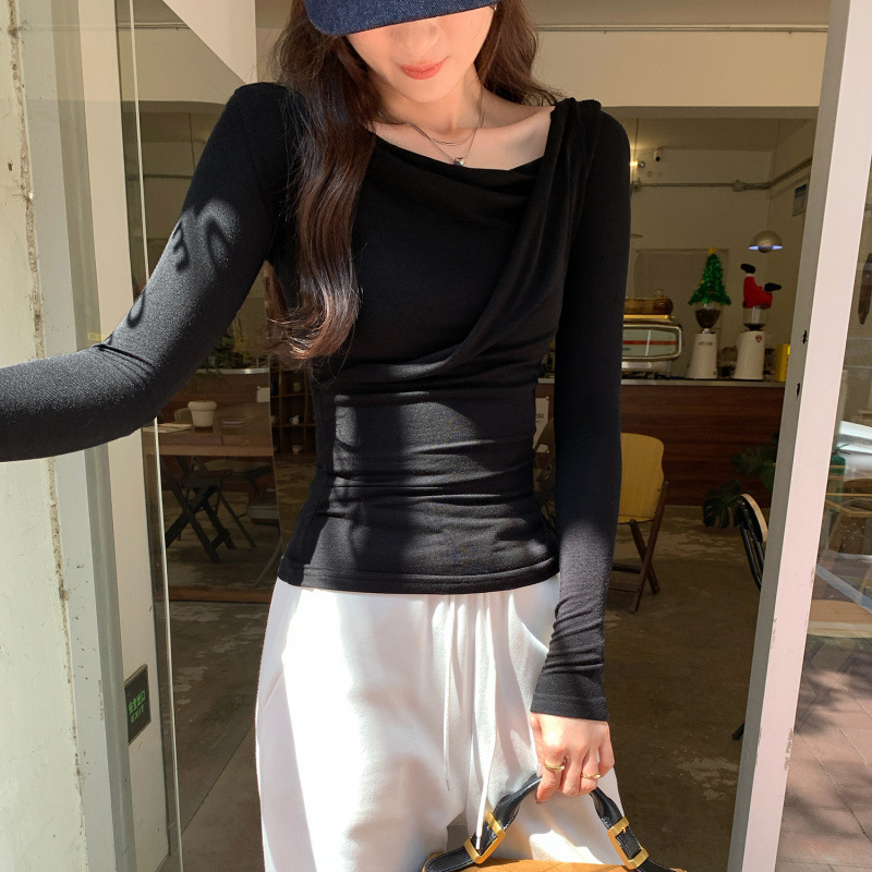 莫代尔羊毛不规则斜肩长袖T恤女秋季2025新款设计感绝美小上衣|undefined