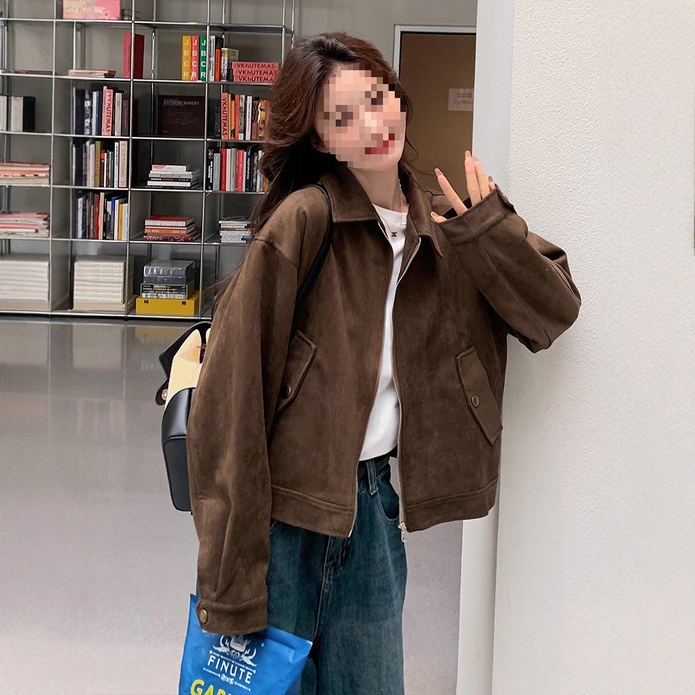 美拉德短款麂皮绒外套女秋装美式复古慵懒又酷又飒皮衣夹克