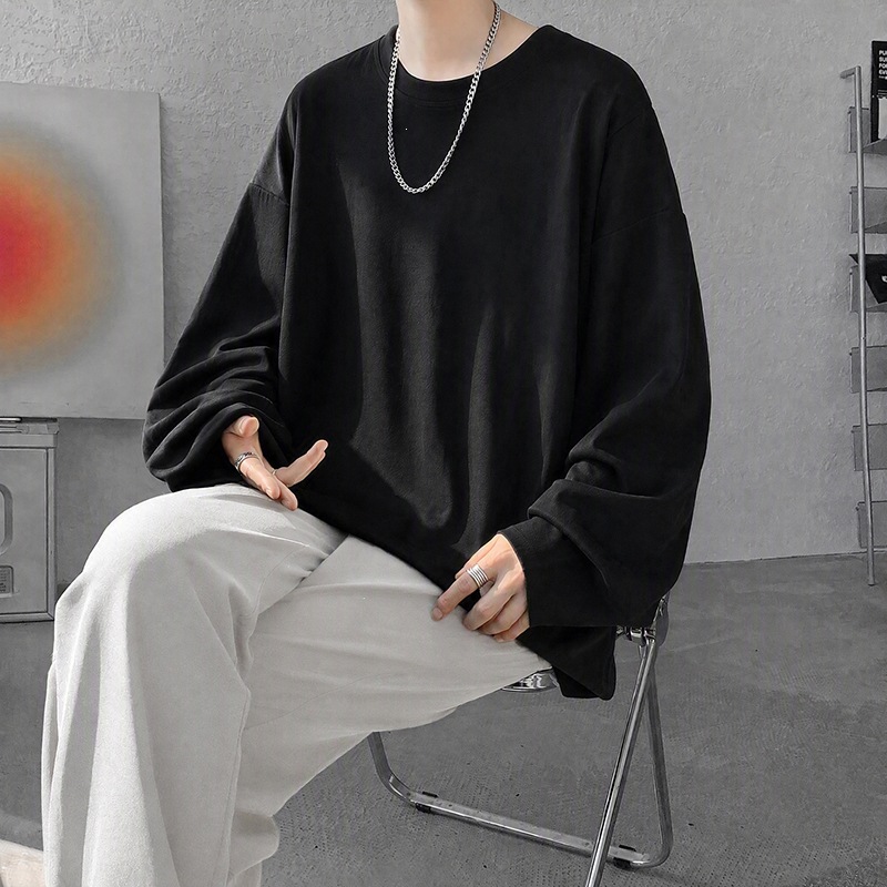 Teen Men's Fashionable Simple Solid Color Crew Neck Pullover Base Shirt, Spring and Autumn 2026, Loose Fit, Versatile Casual Top