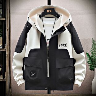 New Spring and Autumn Jacket Men's Hooded Work Jacket Men's Youth Korean Style Hong Kong Style Jacket Student Splicing Jacket