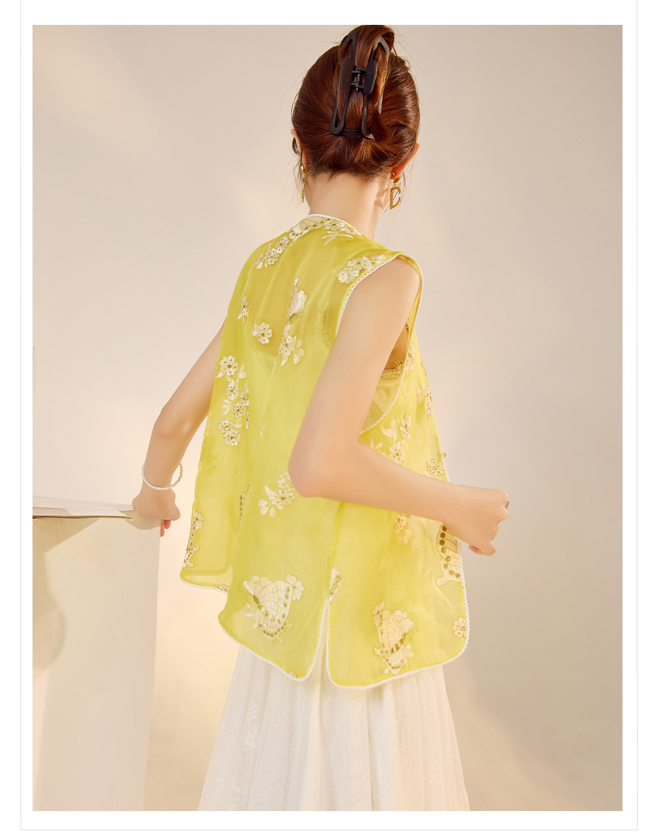 Áo vest lụa tơ tằm thêu bướm phong cách Trung Hoa mới mùa hè — Màu vàng sữa, Màu trắng be chi tiết 21