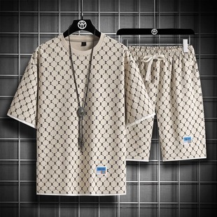 2025 Summer Sports Suit Men's Trendy Brand Fashion All-Over Printed Casual T-Shirt Five-Quarter Pants Two-Piece Set for Men
