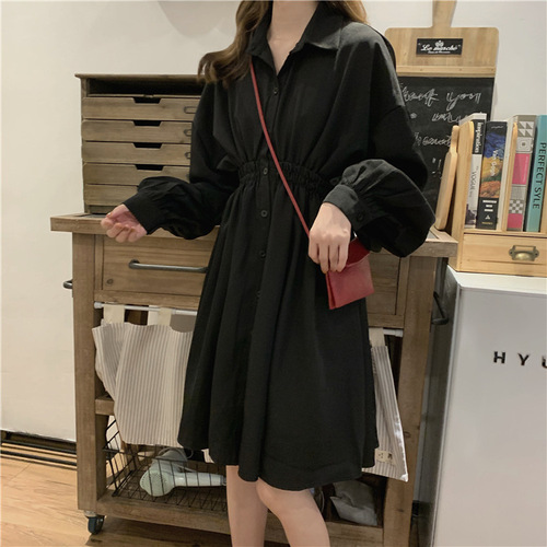 French retro mid-length dress for female students loose Korean style ins fairy long-sleeved shirt dress black skirt