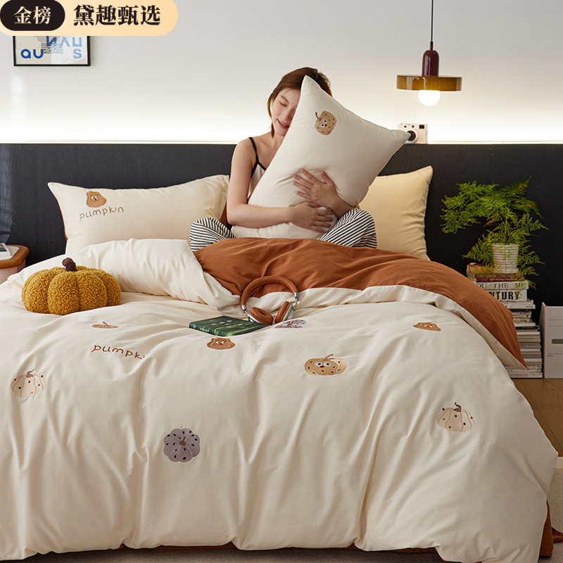 Autumn and Winter 80-Count Thickeneded Brushed Cotton Four-Piece Set Cartoon Xinjiang Long-Staple Cotton Pure Cotton Warm Bed Quilt Cover Bed Sheetss