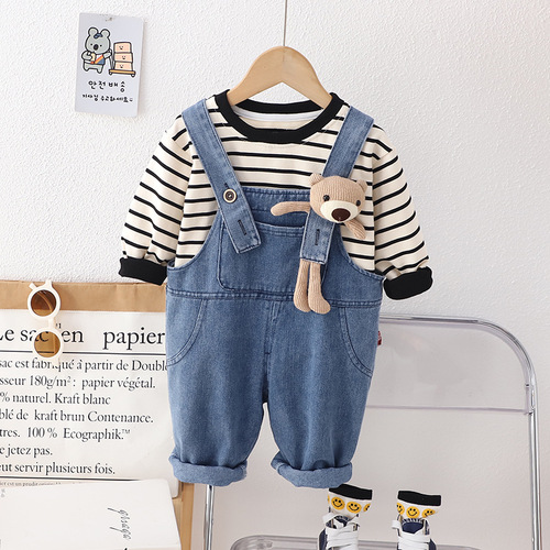Boys' Autumn Outfit Set Trendy  New Girl's Clothing Baby Children Striped Long Sleeve Belted Two-Piece Set