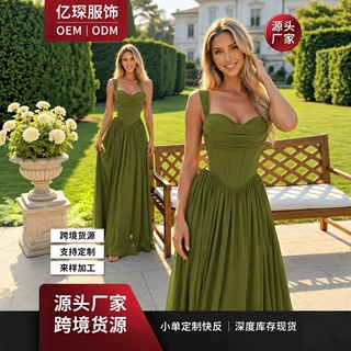 定制女装欧美跨境法式抹胸吊带网纱伴娘连衣裙 宽肩带抹胸晚礼服