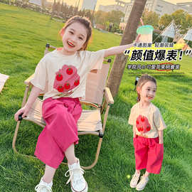 2024夏季新款童装女童苹果印花T恤套装 中小童韩版短袖长裤两件套