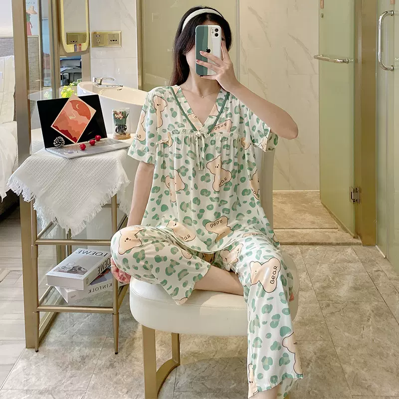 春夏季创新款睡衣女短袖长裤人棉绸套装V领韩版薄款蝴蝶结家居服