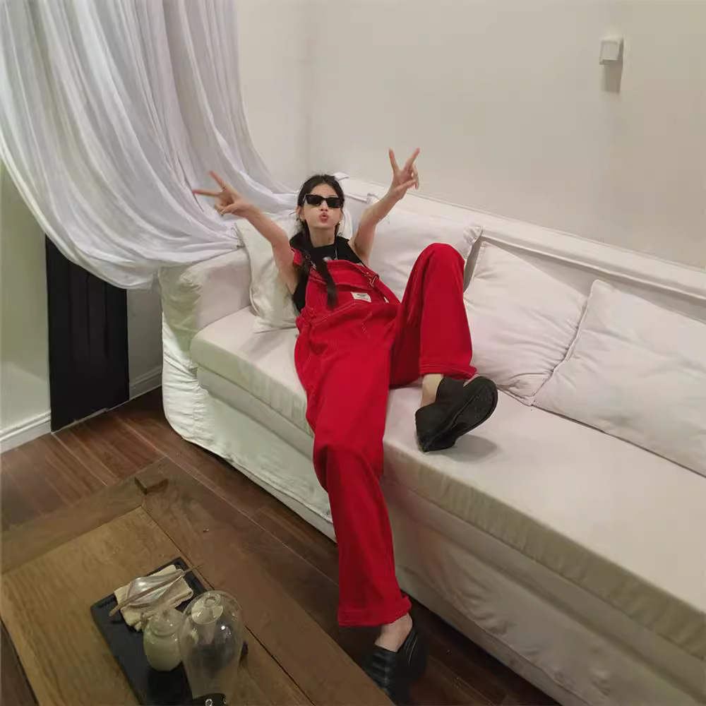 Retro red denim overall