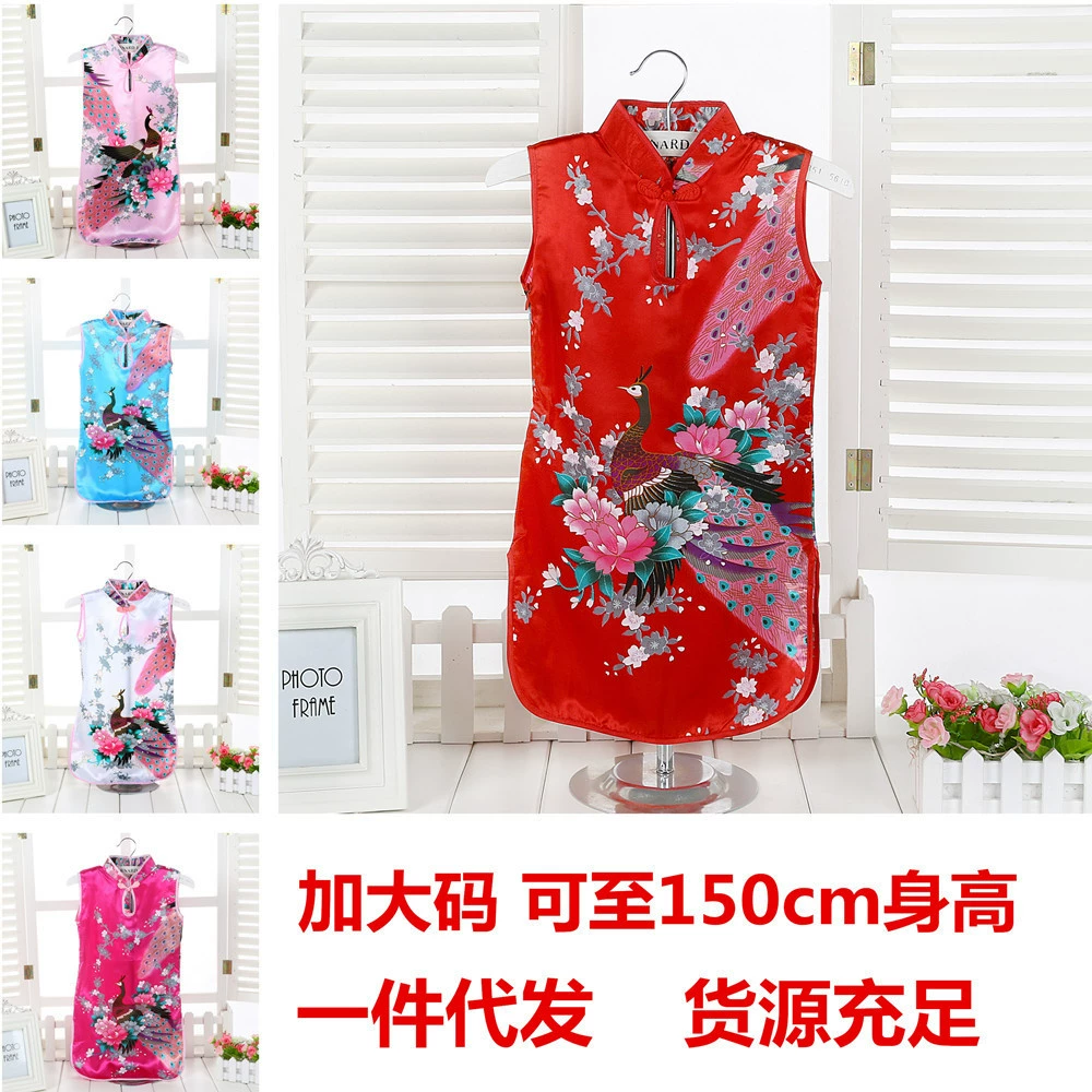Детская одежда для девочек Cheongsam юбка Летний новый китайский стиль павлин девушка платье имитация шелковый чонсам большой размер